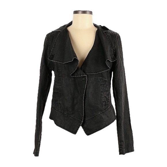 Cabi Moto Jacket M Charcoal Gray Waxed 100% Linen Ruffle Lapel Fitted Blazer - Picture 1 of 10